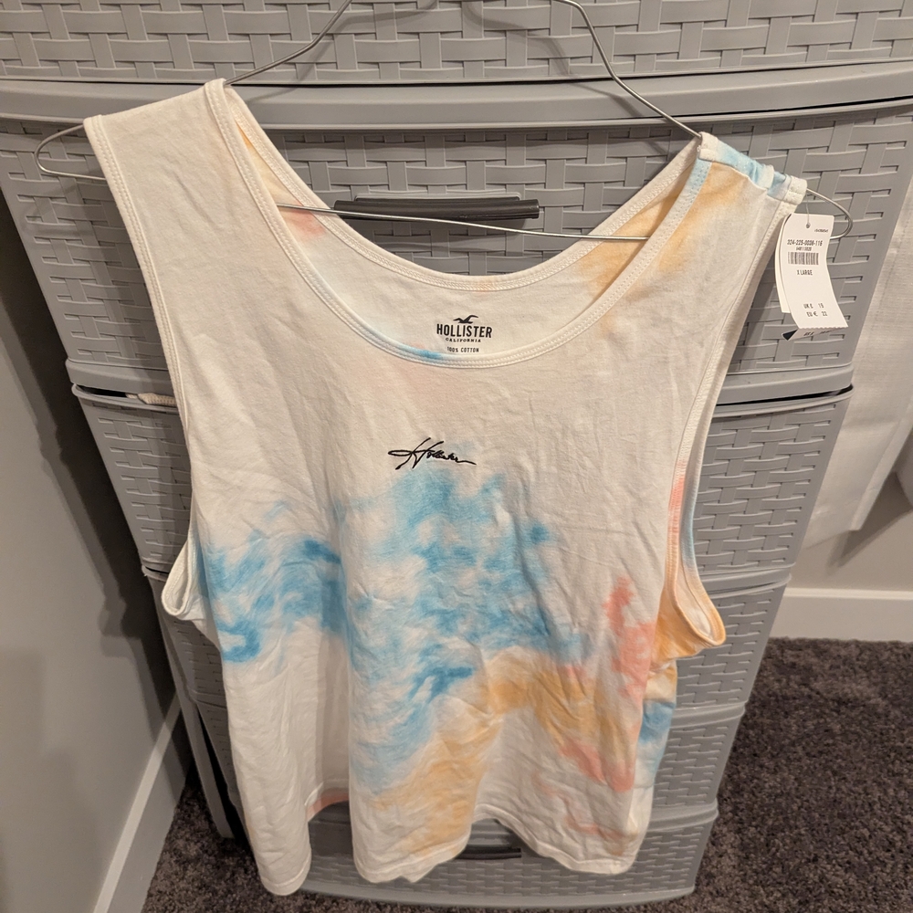 Hollister Mens White Tie-Dye Tank with Blue & Peach Accents